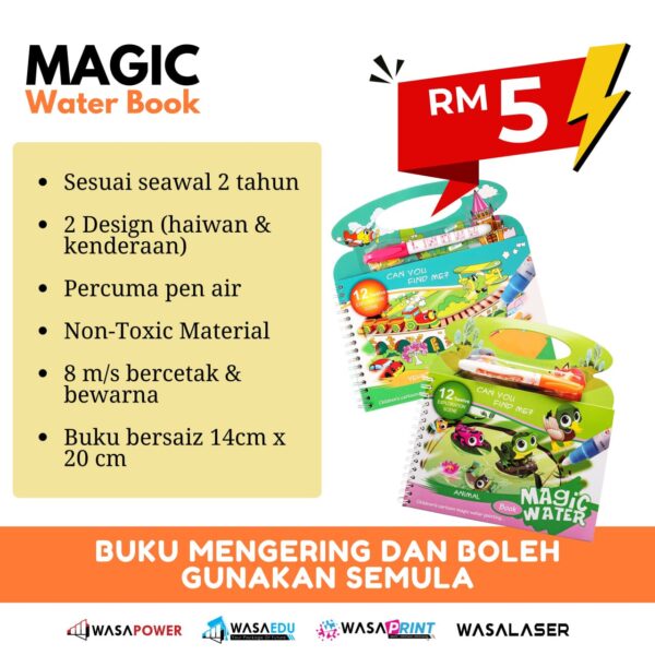 Buku Air Ajaib Kanak-Kanak (Magic Water Book) – Boleh Warna & Padam Semula | Umur 2 Tahun Ke Atas