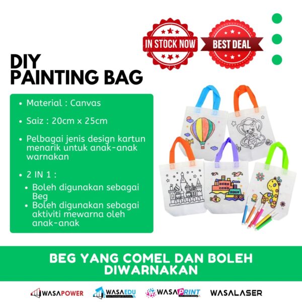 Beg Mewarna Kartun Kanak-Kanak (DIY Painting Bag) – Siap Dengan Pen Warna | Sesuai Untuk Hadiah & Aktiviti DIY